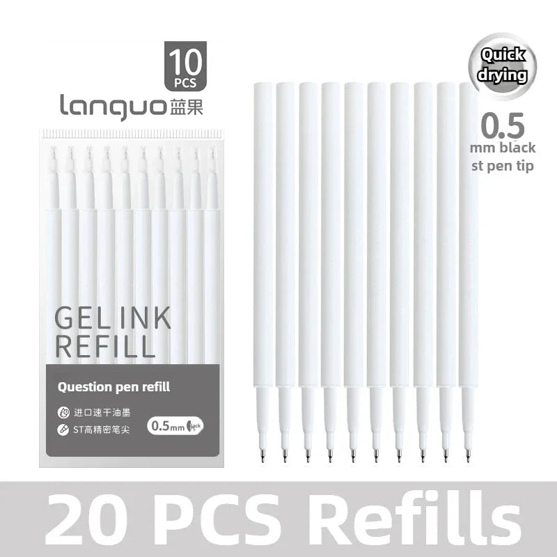 A set of 10 black gel pen refills with smooth 0.5mm tips for quick drying ink.