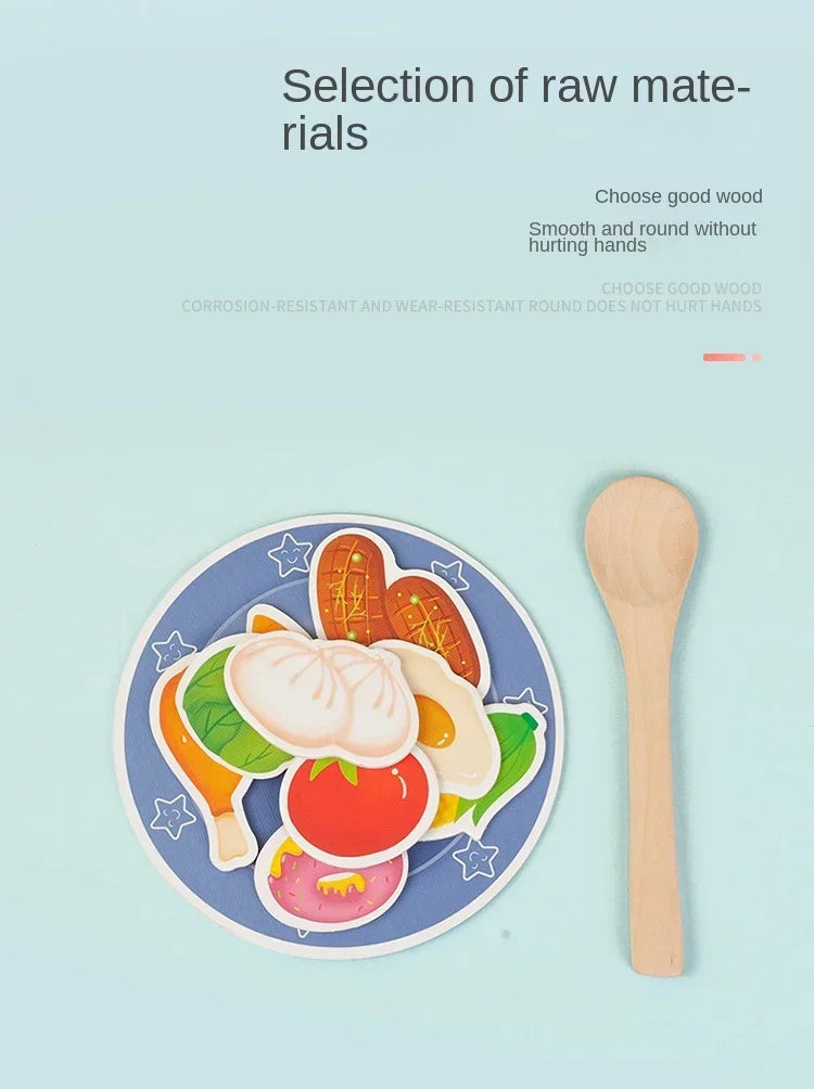 A wooden spoon is shown next to a plate filled with various colorful fruits and vegetables for a Montessori feeding game.