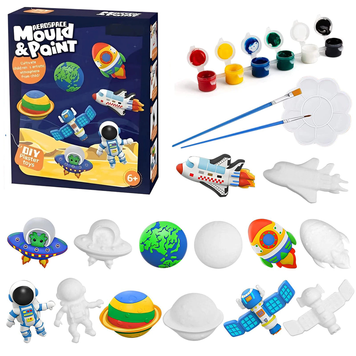 Eine Box mit einem Dinosaurier-Malspielzeugset, das verschiedene Plastikspielzeuge und Malwerkzeuge zeigt.
