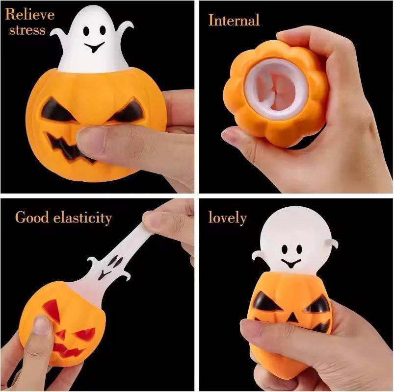 A set of squishy ghost and pumpkin fidget toys shown in various uses for stress relief, including internal use and elasticity