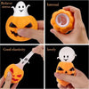 A set of squishy ghost and pumpkin fidget toys shown in various states, demonstrating internal relief and good elasticity.