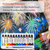 A white paint set containing twelve colored acrylic, watercolor, and glass paints is displayed on a dark background with fire