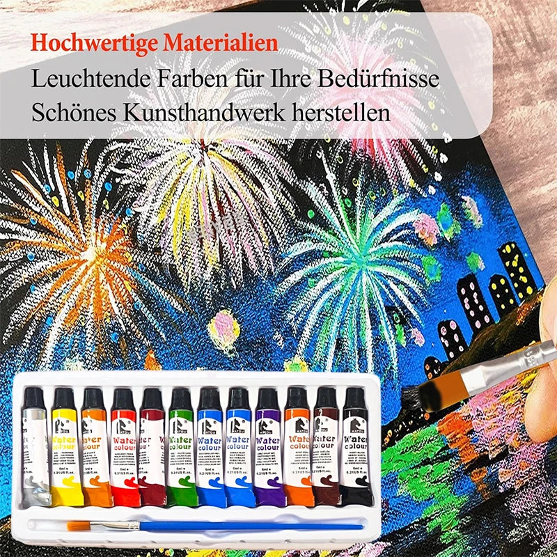 A white paint set containing twelve colored acrylic, watercolor, and glass paints is displayed on a dark background with fire
