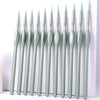 A set of eleven miniature detail paint brushes with natural wood handles arranged in a row.