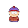 A cartoon enamel pin featuring a character with purple hair and a red hat, wearing an orange jacket.