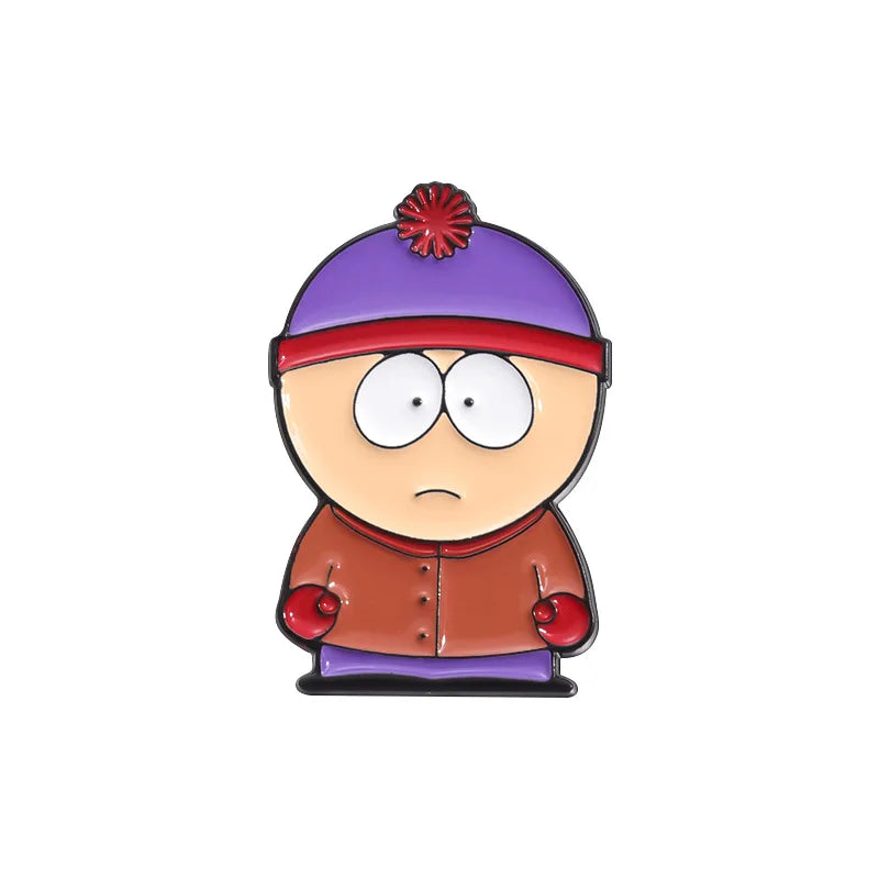 A cartoon enamel pin featuring a character with purple hair and a red hat, wearing an orange jacket.