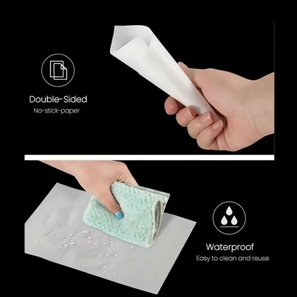 A hand holds a white double-sided no-stick paper, demonstrating its waterproof and easy-to-clean features.