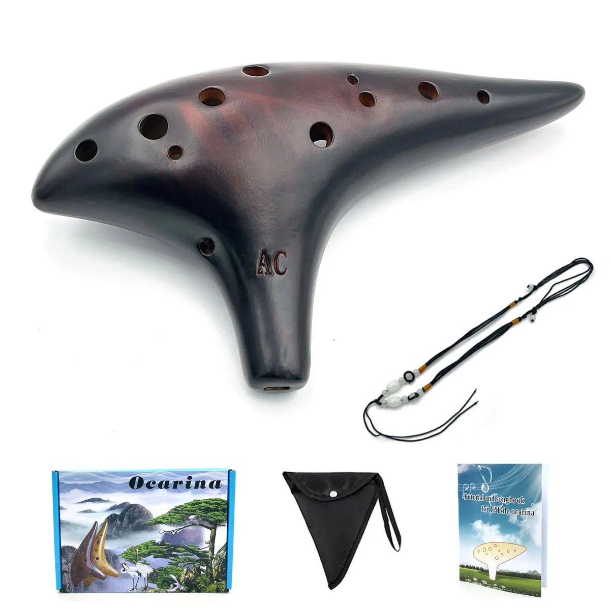 12-Hole Ceramic Ocarina in Alto C with Songbook and Carry Bag