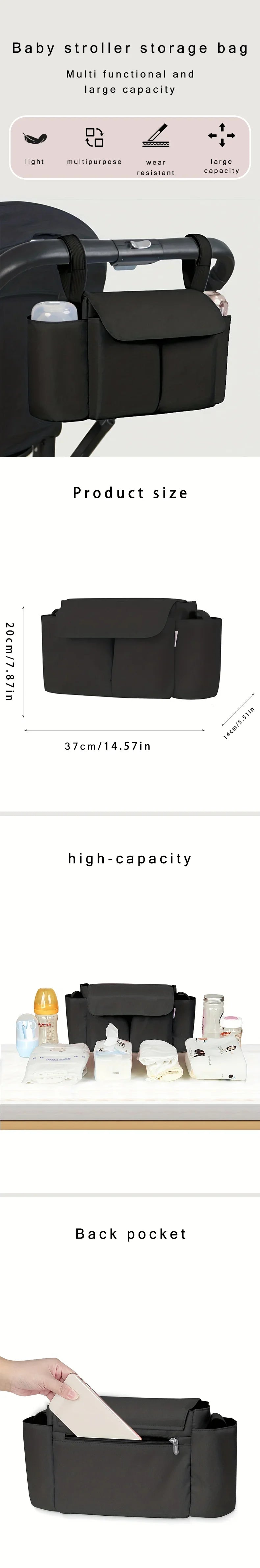A black multi-functional stroller storage bag shown with various items inside and an open back pocket.