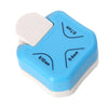 A blue and white 3-in-1 metal plastic corner cutter for crafting with various sized cutting edges marked.