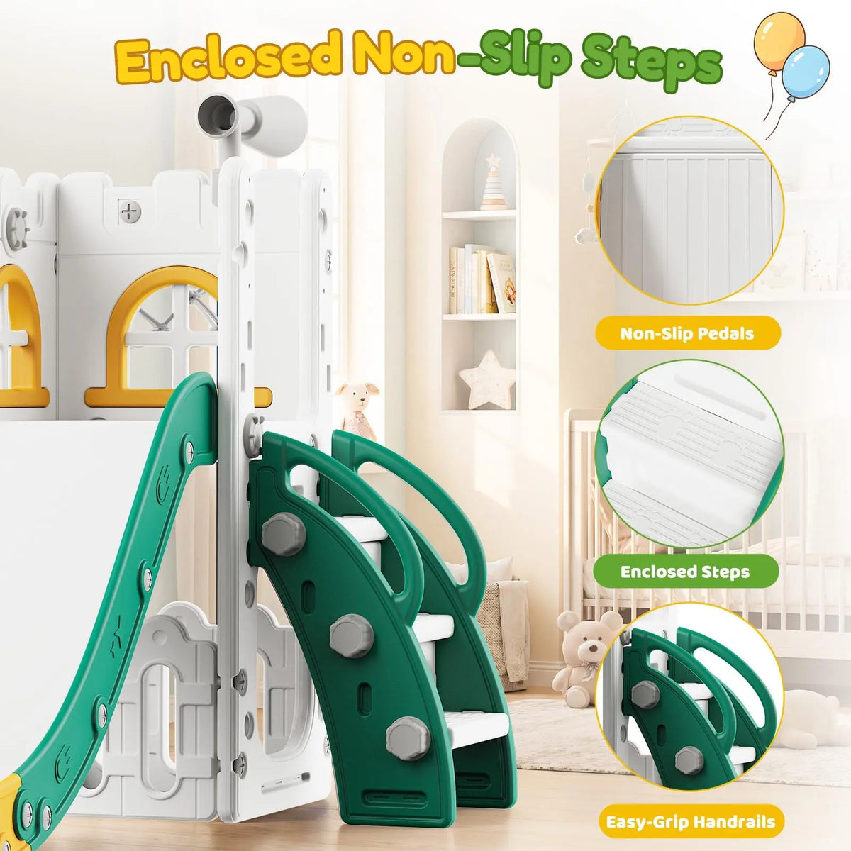 7-in-1 Toddler Slide and Swing Play Set with Basketball Hoop & Castle Playhouse