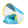 Blue inflatable baby seat ring with a yellow sunshade canopy