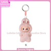 A pink fluffy Labubu plush doll with a silver keyring attached.