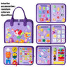 A purple toddler busy board with various sensory activities including number recognition, shapes, and animal matching.