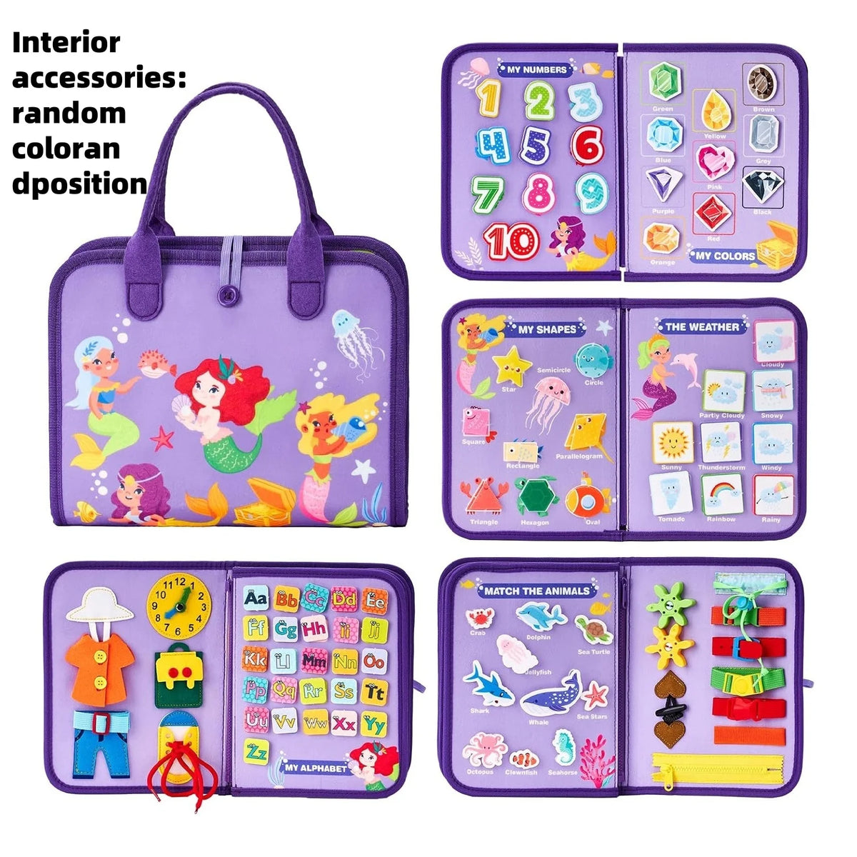 A purple toddler busy board with various sensory activities including number recognition, shapes, and animal matching.