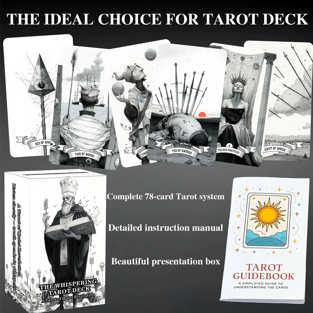 Collection de cartes de tarot et un guide pour le jeu Whispering Tarot