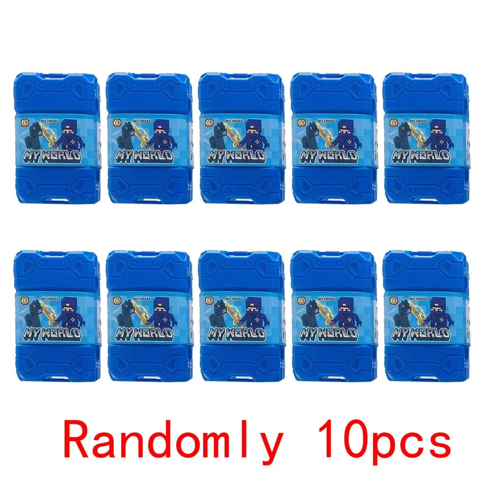 A set of 10 blue PVC figures resembling Minecraft Steve characters in packaging.