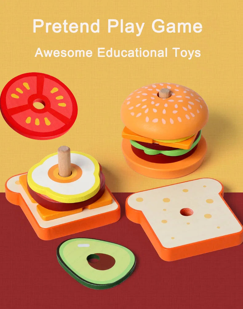 A set of wooden pretend play food toys including a burger, sandwich, and slice of bread on a red surface.