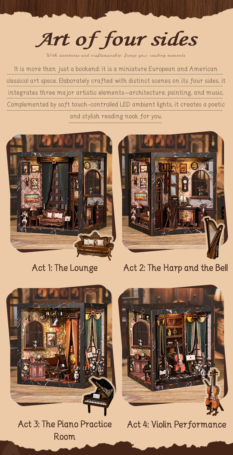 Four-sided book nook kit featuring miniature architecture and music elements with LED lighting displays.