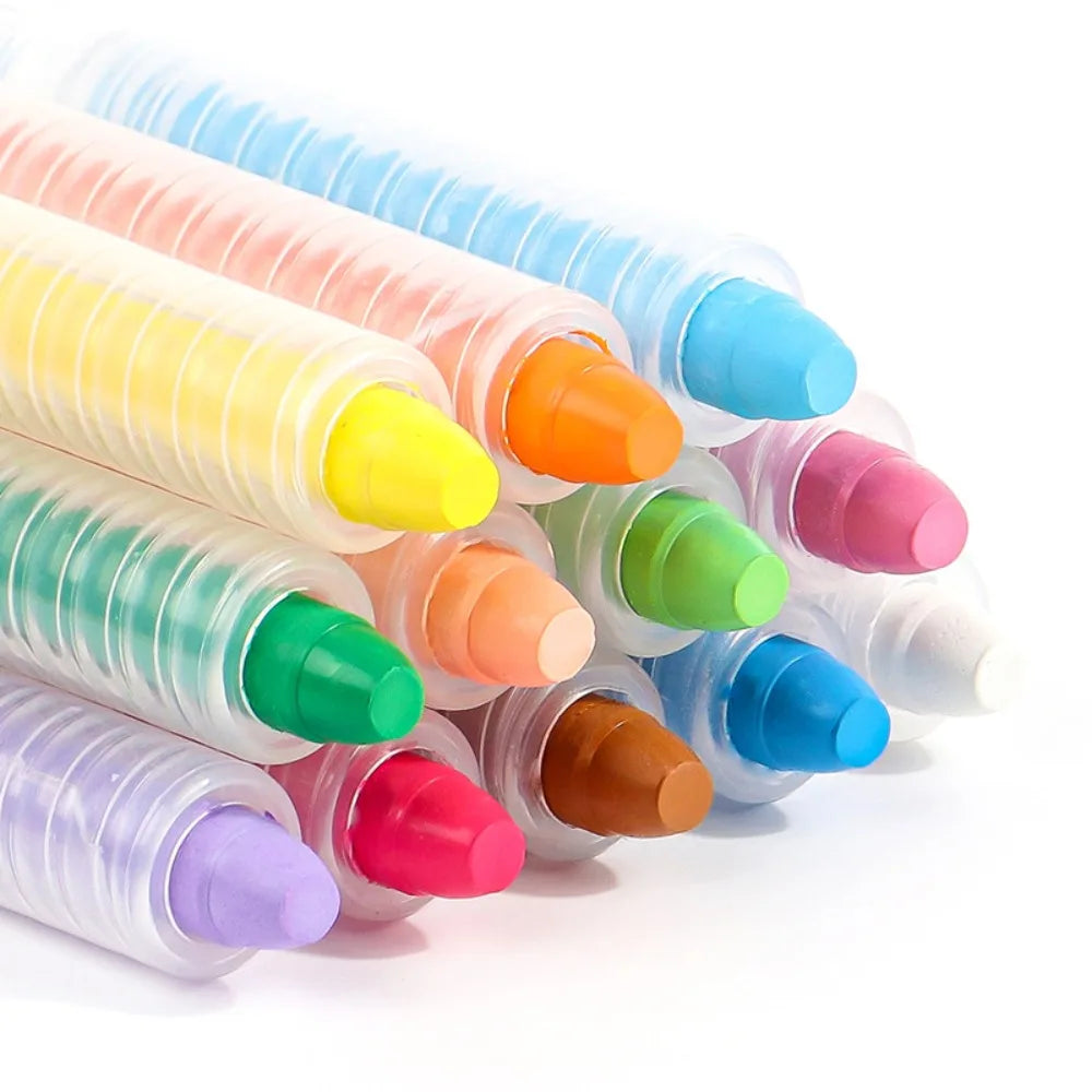 A collection of 12 dustless washable chalk crayons in various bright colors arranged diagonally.