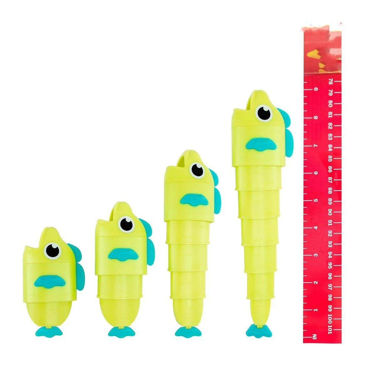 A set of yellow stretchable fishing boards for a game, featuring fish shapes.