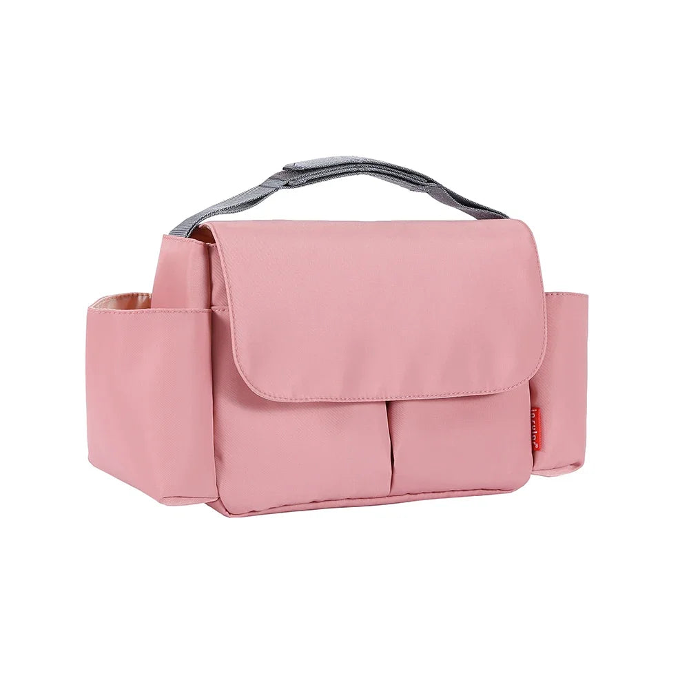 A pink fabric bottle and cup holder designed for strollers.