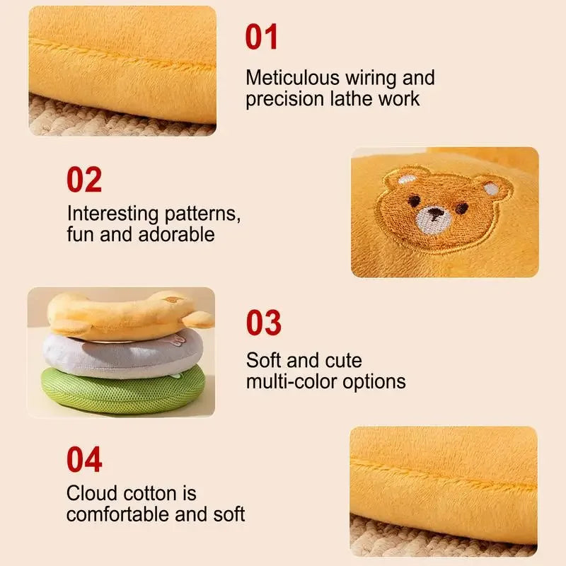 A series of four images showing a plush U-shaped pet pillow with various features and textures.