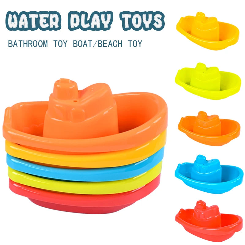A set of colorful plastic bath toys including a boat and beach toy in various shades of orange, yellow, blue, and red.