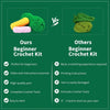 Comparison of a beginner crochet kit featuring yarn and tools versus another beginner crochet kit.