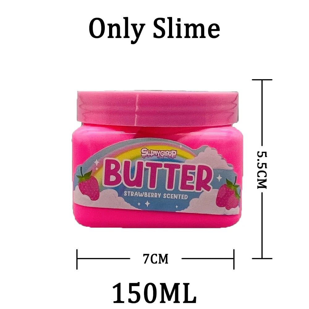 A pink jar of butter scented slime with a strawberry theme, measuring 150ml.