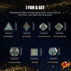 A set of seven polyhedral dice including pyramids, conical, flying saucers, polyhedra, cube, and a football.