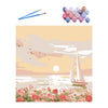 An abstract sunset landscape paint by numbers kit featuring a pink and orange sky over water with pink flowers in the foregro