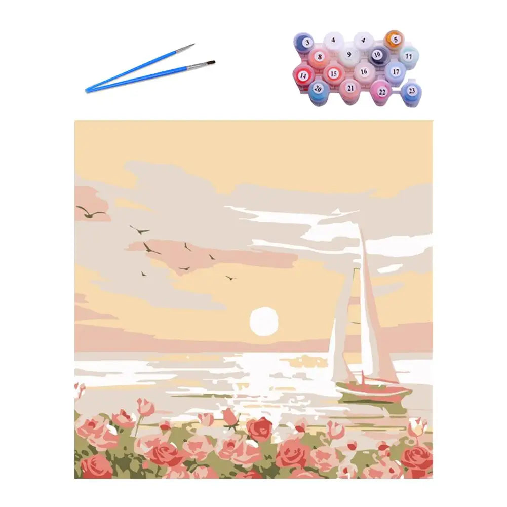 An abstract sunset landscape paint by numbers kit featuring a pink and orange sky over water with pink flowers in the foregro