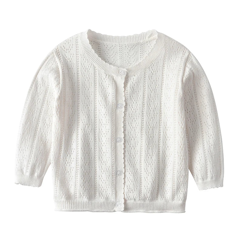 White knitted cotton cardigan for a baby girl with a round neckline and open front