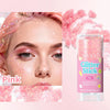 Pink glitter stick product packaging with a model showcasing pink sparkling makeup