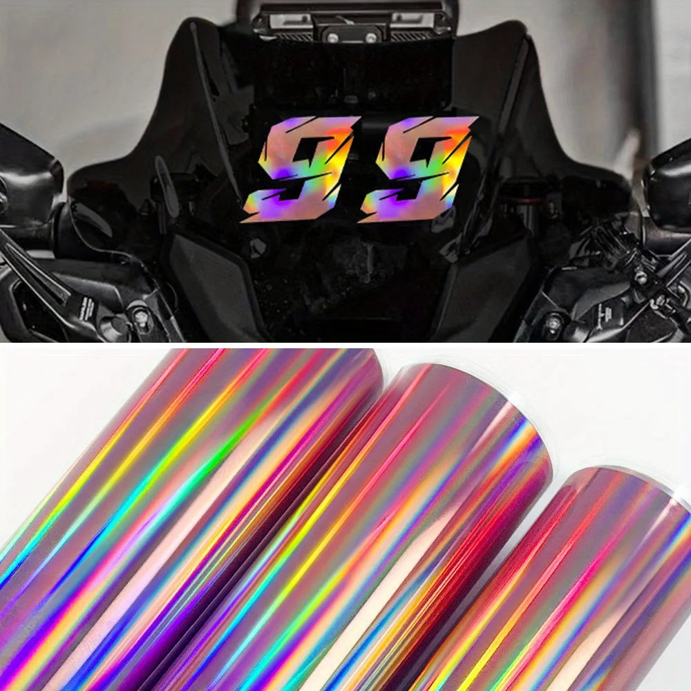 Close-up of a holographic vinyl roll with iridescent rainbow colors.