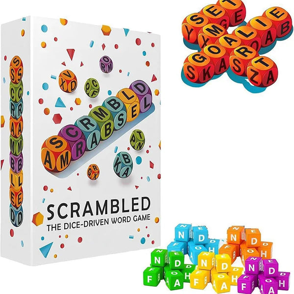 A box of Scrambled the dice-driven word game featuring colorful dice and a pile of orange and blue dice.