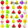 A collection of 12 mixed mini kawaii fruit and vegetable squishy toys in various colors like strawberry, lemon, avocado, and 