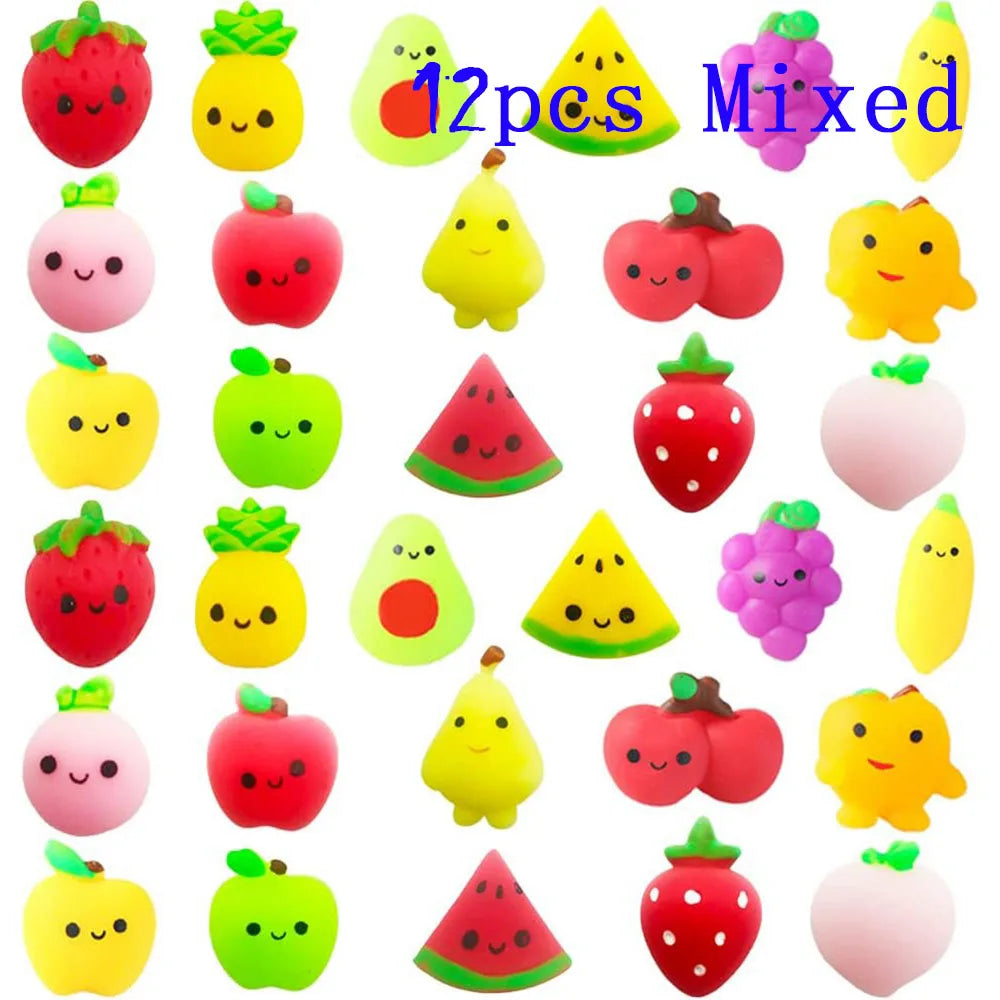 A collection of 12 mixed mini kawaii fruit and vegetable squishy toys in various colors like strawberry, lemon, avocado, and 