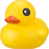 A bright yellow rubber duck with a black eye and an orange beak.