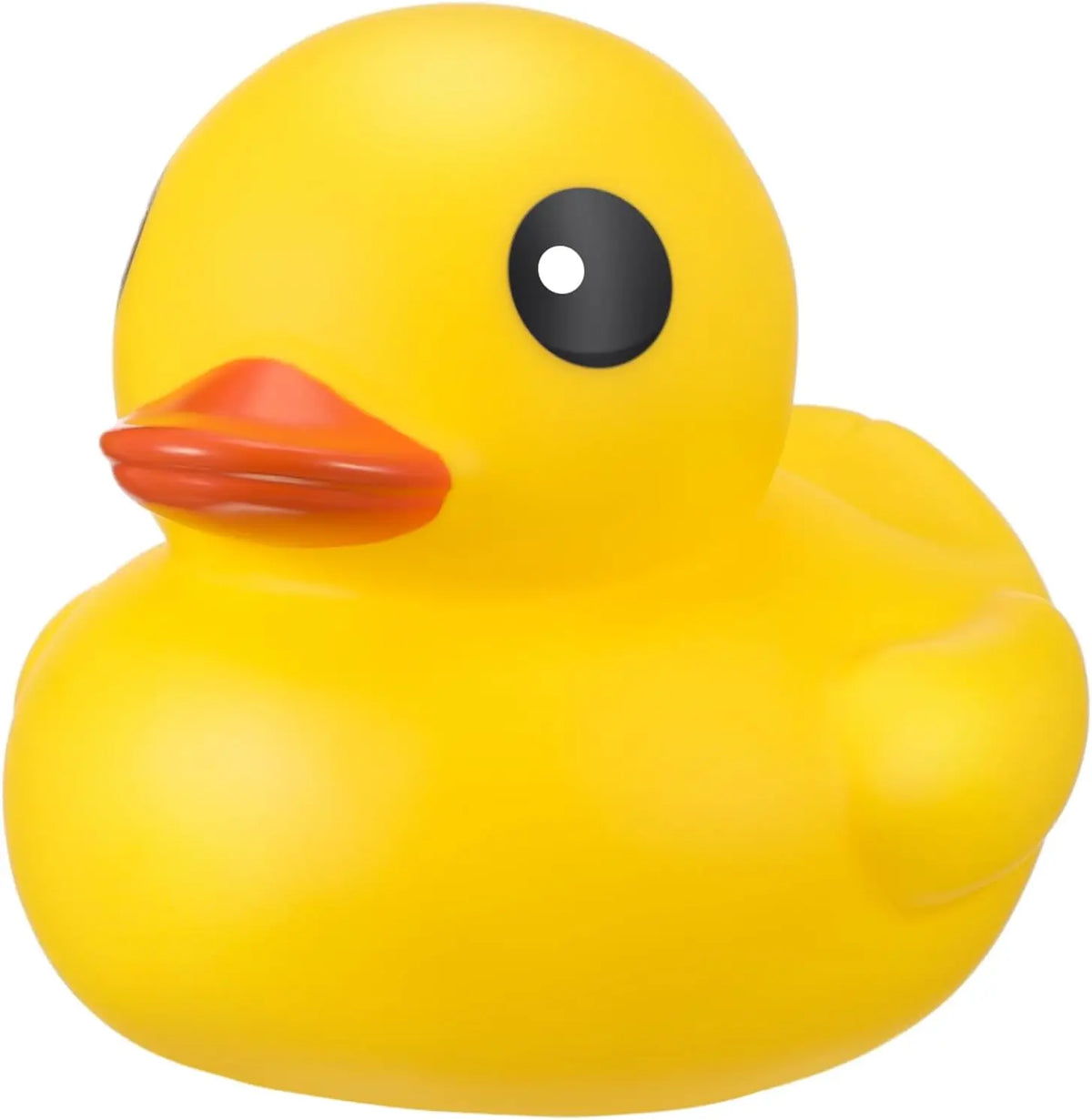 A bright yellow rubber duck with a black eye and an orange beak.