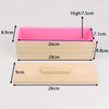 Silicone rectangle soap mold with a wooden box and lid, showing the pink mold and the wooden base.