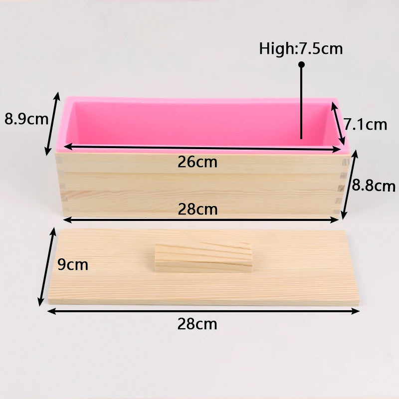 Silicone rectangle soap mold with a wooden box and lid, showing the pink mold and the wooden base.