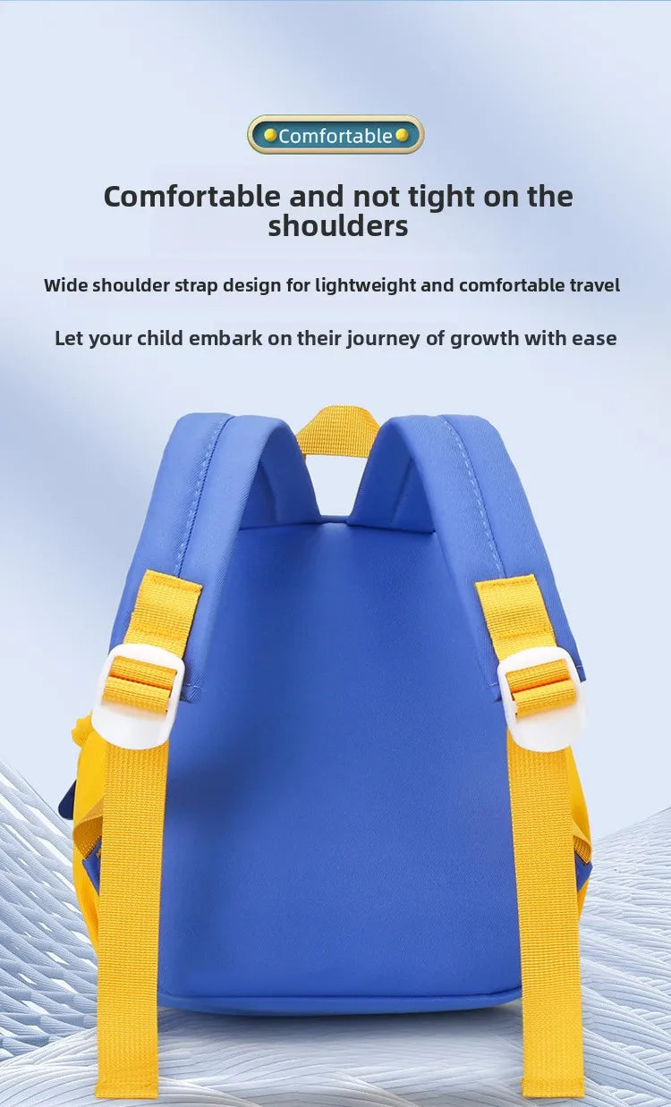 A blue kids' cartoon digger truck backpack with yellow straps shown from the back.