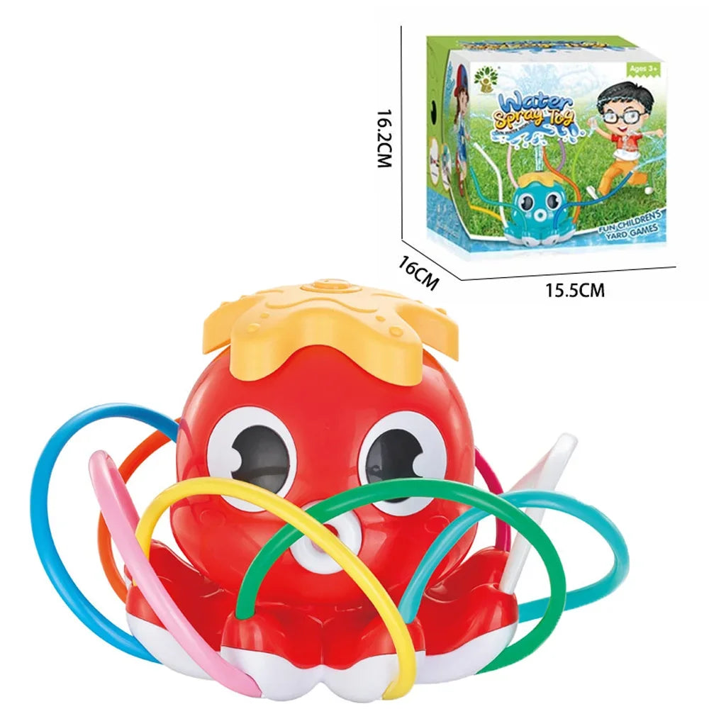 A red octopus water spray sprinkler toy with colorful tubes and a green background.