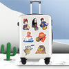 A white rolling suitcase features various anime character stickers on its surface.