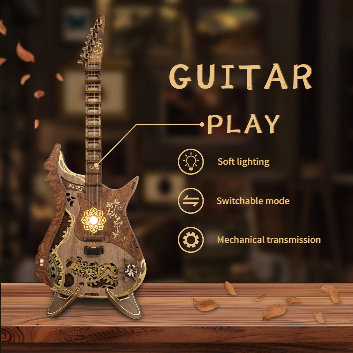 A wooden miniature guitar model kit with a light, showing features like soft lighting, switchable mode, and mechanical transm