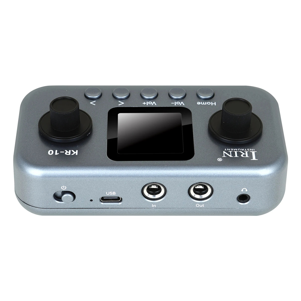 A gray IRIN KR-10 portable guitar and bass multi-effects processor with control buttons and input/output jacks.