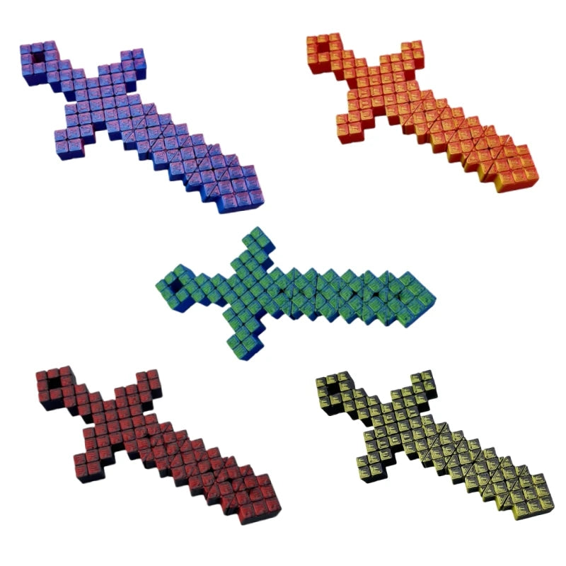 Pixel art extendable sword model shown in various colors and configurations