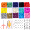 A variety of colored glass seed beads in various shades and sizes are displayed in compartments with a pair of pliers and sto
